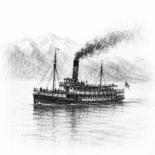 Charcoal sketch of the coal-fired steamer crossing the lake at Queenstown