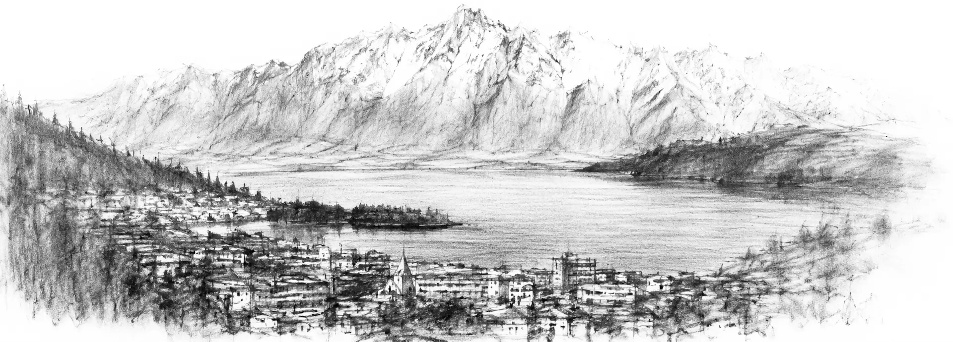 Charcoal sketch of the lakeside town of Queenstown below the snow-capped Remarkables - never been abroad