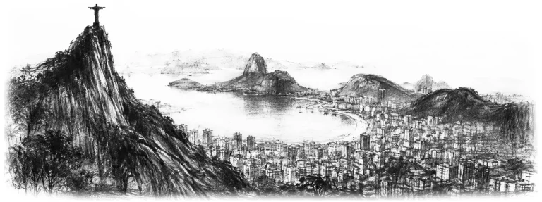 Charcoal sketch of Rio de Janeiro's mountains and bay at dusk, the city crammed between them - never been abroad