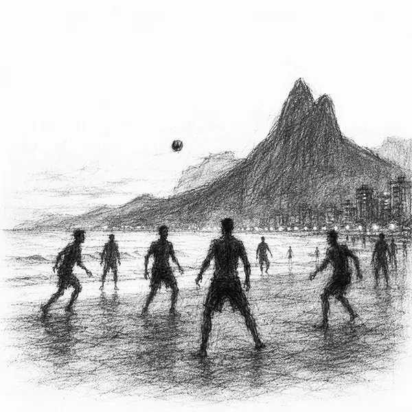 Charcoal sketch of people playing football on the sand at dusk, in silhouette