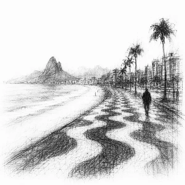 Charcoal sketch of Copacabana's wave-pattern promenade beside the beach in Rio de Janeiro