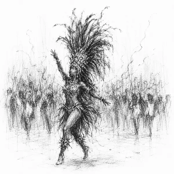 Charcoal sketch of a Carnival dancer in a tall feathered headdress, mid-step