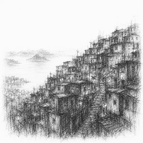Charcoal sketch of small houses stacked up a steep green hillside above Rio de Janeiro