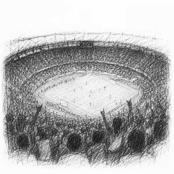 Charcoal sketch of a vast packed football stadium, the terraces mid-roar