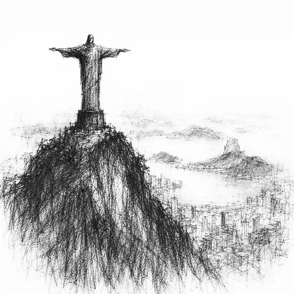 Charcoal sketch of the great hilltop statue above Rio de Janeiro, its arms held out over the city