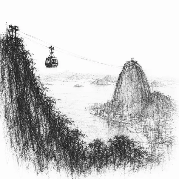 Charcoal sketch of a cable car crossing high air to a bare rounded peak above the bay