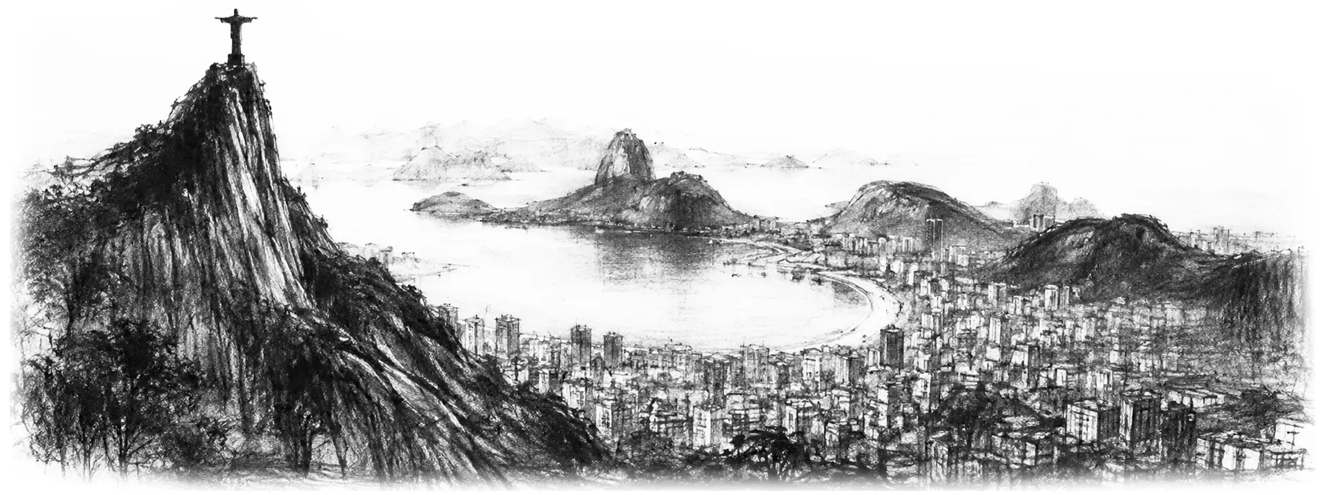 Charcoal sketch of Rio de Janeiro's mountains and bay at dusk, the city crammed between them - never been abroad