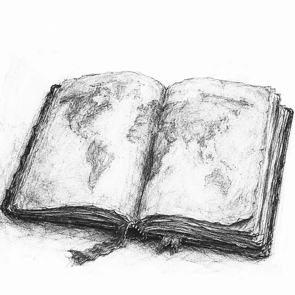 Charcoal sketch of an old open atlas showing a faded world map