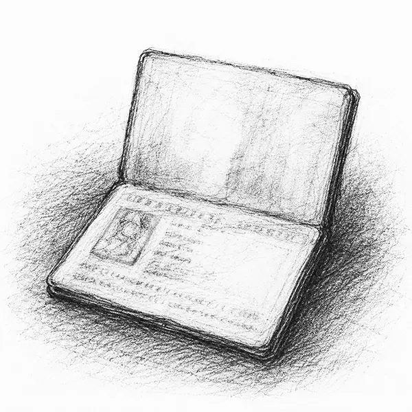 Charcoal sketch of an open passport showing its photo page, the details left blurred