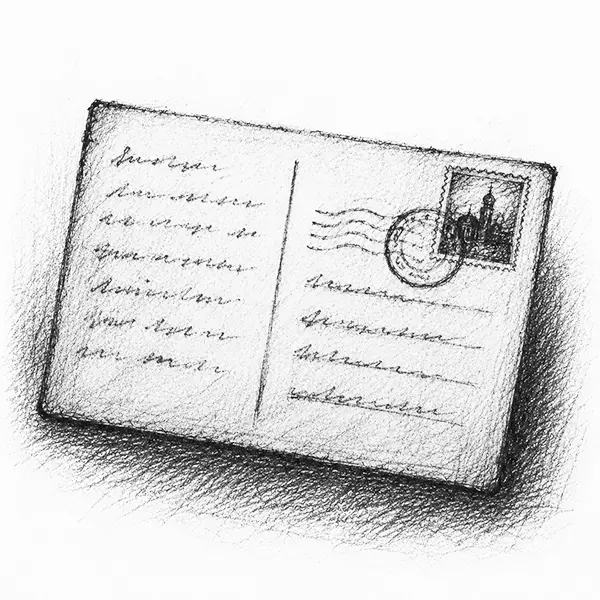 Charcoal sketch of the written back of an old postcard, a stamp and postmark in the corner