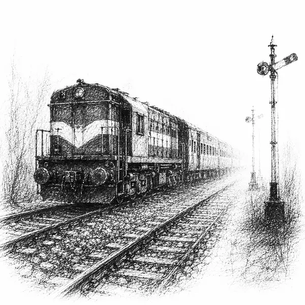 Charcoal sketch of an Indian electric train coming down the tracks toward the viewer