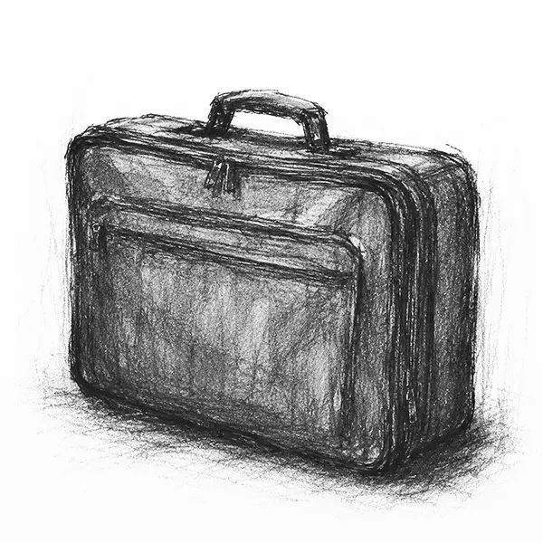 Charcoal sketch of an old closed suitcase with a front pocket and carry handle