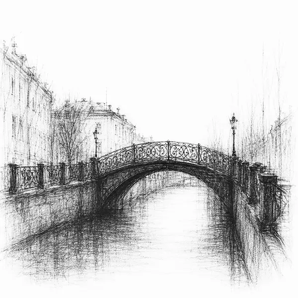 a narrow canal with iron railings and a humpbacked arched bridge