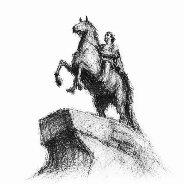 a bronze rider rearing his horse on a huge rough block of granite at St. Petersburg