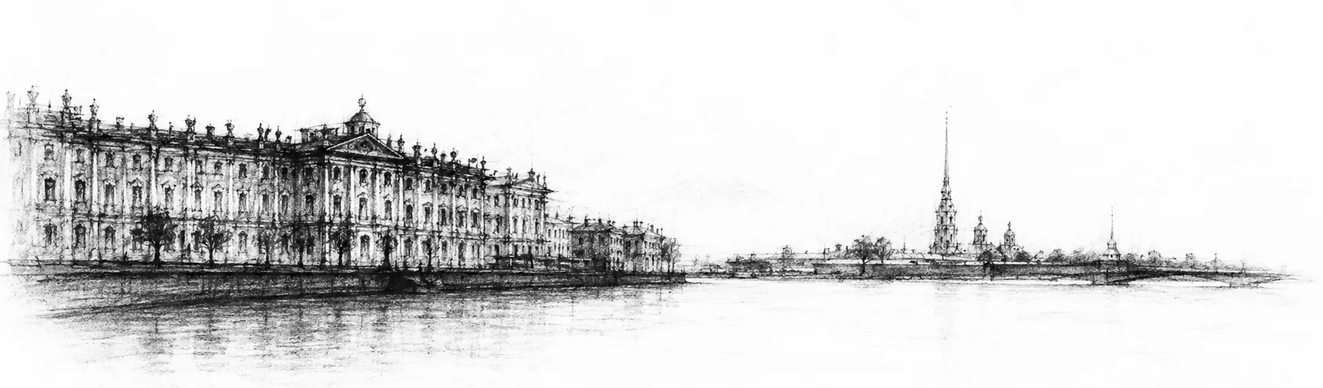 Charcoal sketch of the wide Neva at a pale white-night dusk, a long low palace facade running along the embankment and a thin gold spire across the water - never been abroad