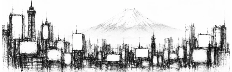 Charcoal sketch of the Tokyo skyline at dusk, Mount Fuji faint beyond the towers - never been abroad