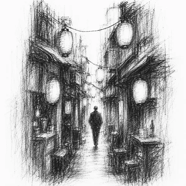 Charcoal sketch of a narrow Tokyo lane of tiny stacked lantern-lit bars