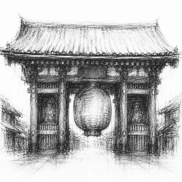 Charcoal sketch of the great paper lantern hanging in the Senso-ji temple gate