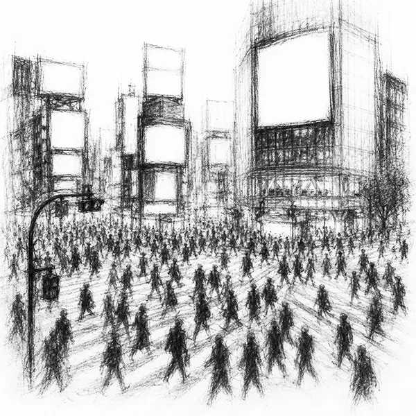 Charcoal sketch of crowds pouring through the Shibuya crossing in Tokyo beneath tall screens