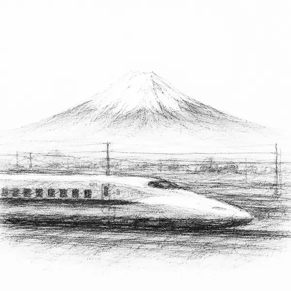 Charcoal sketch of a bullet train passing low with Mount Fuji behind it