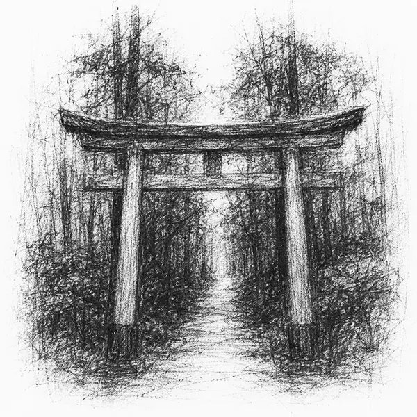 Charcoal sketch of a torii gate standing among tall forest trees