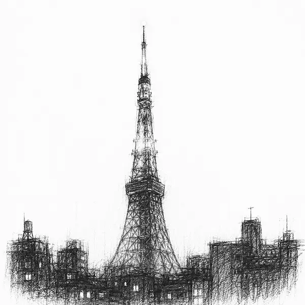 Charcoal sketch of Tokyo Tower's latticed spire rising above low rooftops