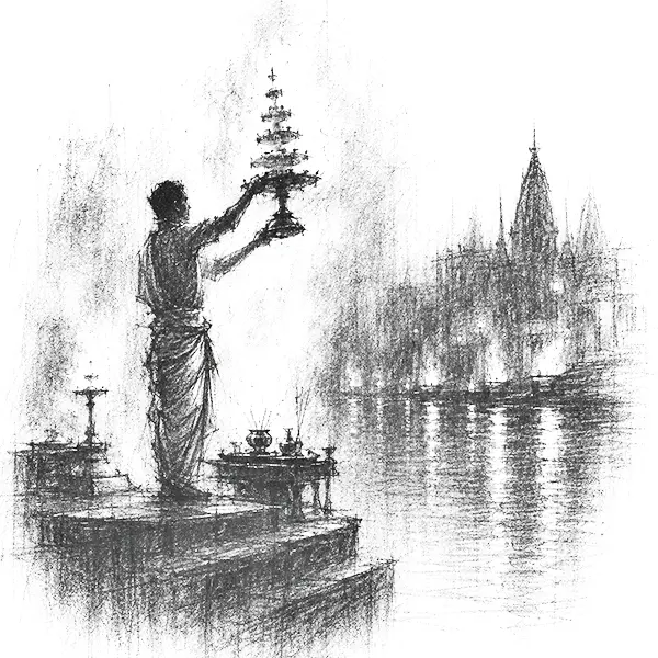 Charcoal sketch of a priest swinging a great tiered brass lamp in Varanasi