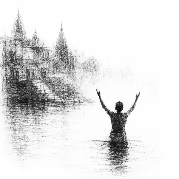 Charcoal sketch of a lone bather standing waist-deep in the river at dawn in Varanasi