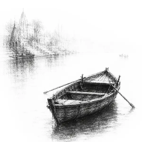 Charcoal sketch of a single empty wooden rowboat on the misty Ganga at dawn