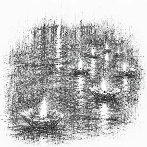 Charcoal sketch of small floating leaf-cup oil lamps (diyas) drifting on dark river water