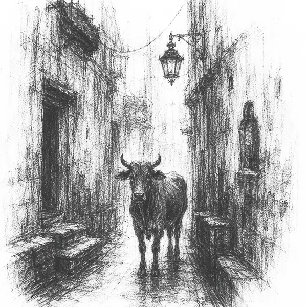 Charcoal sketch of a narrow Varanasi lane too tight for the sun, a bull standing in it, old paan-stained walls, a hanging lamp