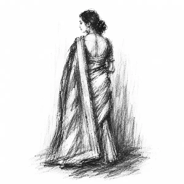 Charcoal sketch of a silk weaver bent at a wooden handloom weaving gold-threaded Banarasi cloth in a dim lane workshop