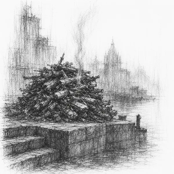 Charcoal sketch of stacked firewood on a Varanasi ghat step with a thin thread of smoke rising