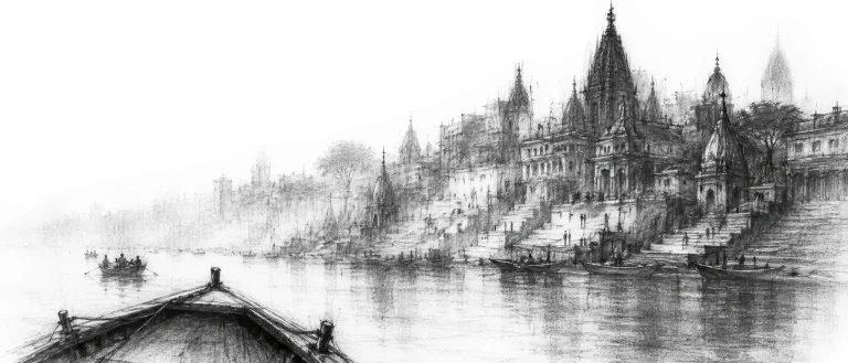 Charcoal sketch of the Varanasi ghats at dawn from a boat on the Ganga, temple spires and mist over the river - never been abroad