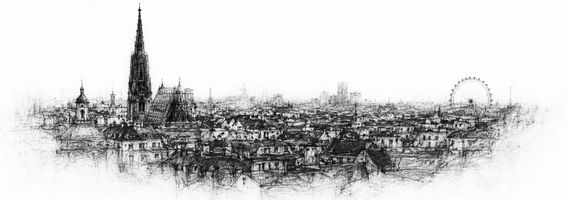 Charcoal sketch of the single Gothic spire of St Stephen's rising over the old roofs of Vienna at first light, the great Ferris wheel faint in the distance - never been abroad